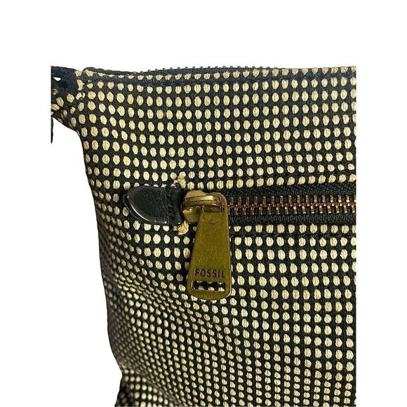Fossil Kinley Black Leather Front Flap Black Cream Dot Tweed Crossbody Purse Key - Picture 6 of 12